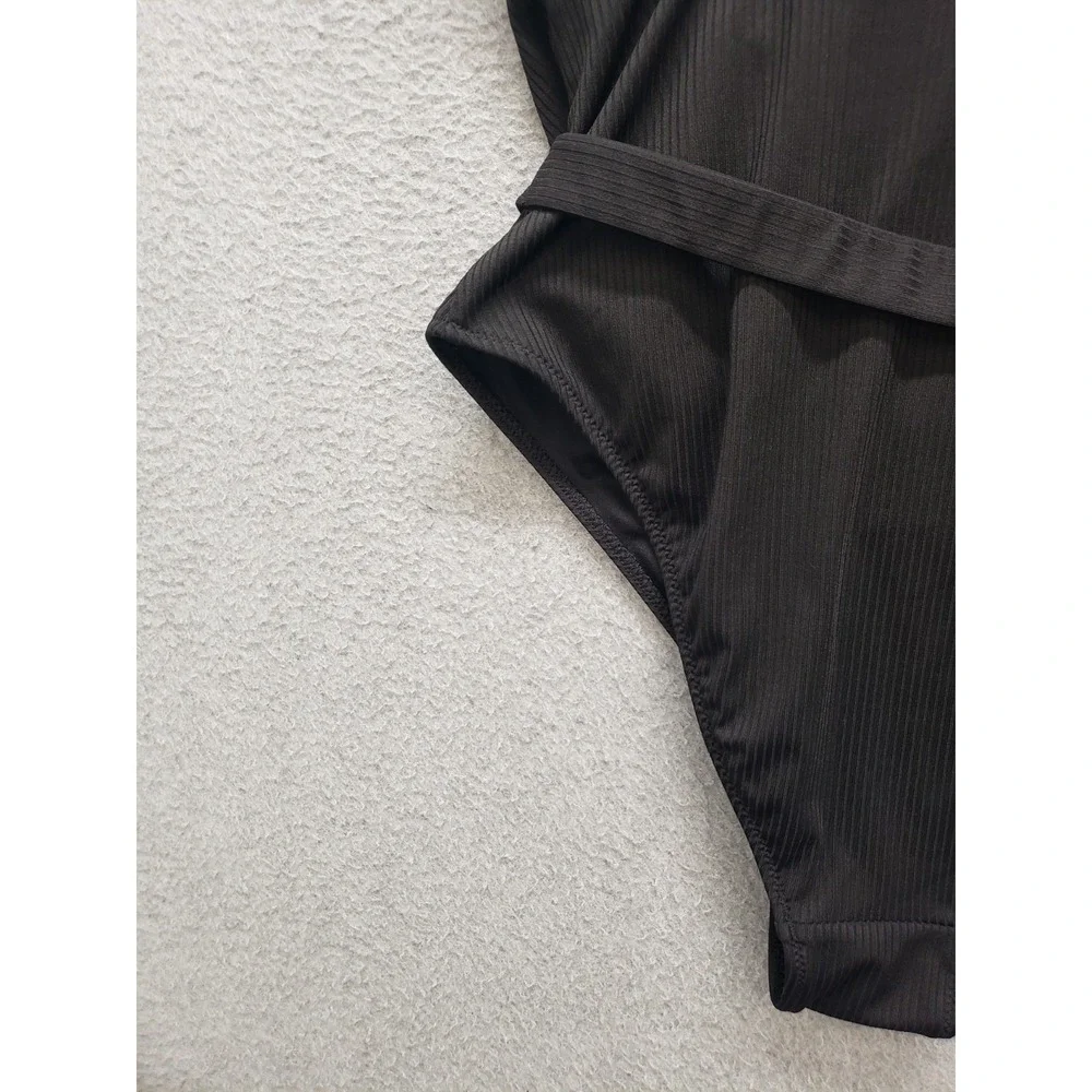 H&M Women Swimsuit S Black Belted Waist Gold Buckle Square Neck Summer Beach